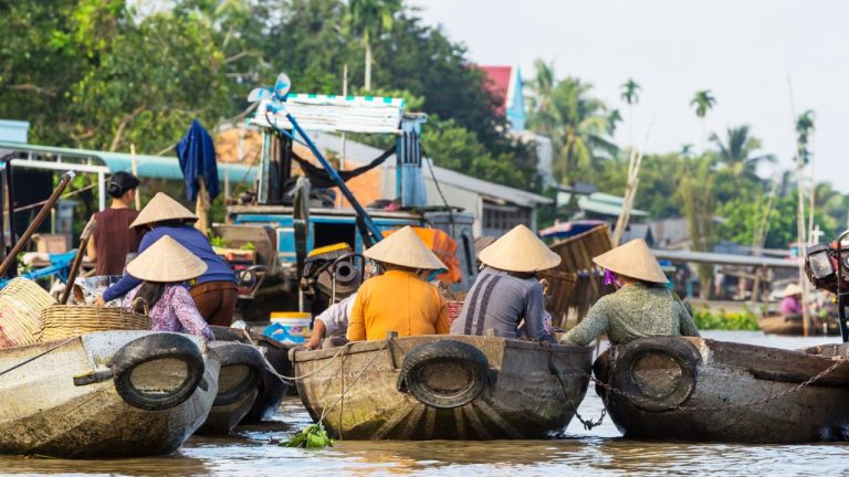 Local vendors in conical hats at a Mekong Delta boat landing with traditional watercraft.