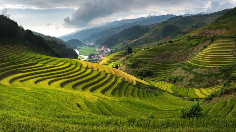 Lush green terraced rice fields cascade down mountainous terrain above a river valley village.