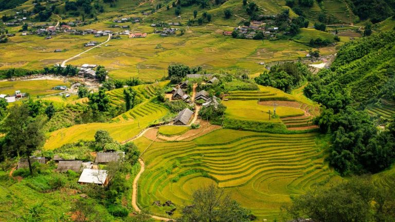 Aerial view of lush green rice terraces with scattered villages and winding paths in mountainous terrain.