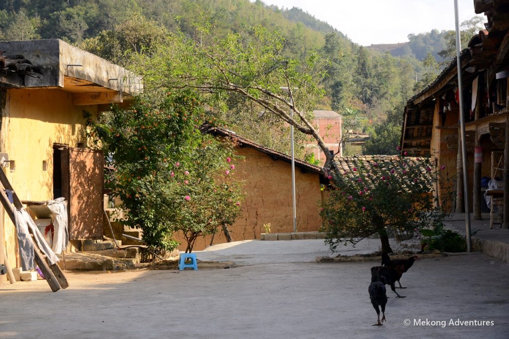 Quiet courtyard and earthen houses in Then Pa village